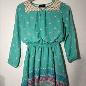 Disorderly Kids Teal Long Sleeve Boho Dress